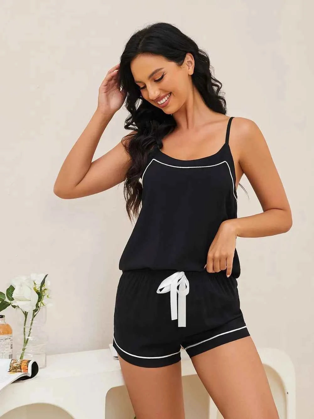 Scoop Neck Spaghetti Strap Top and Shorts Lounge Set.