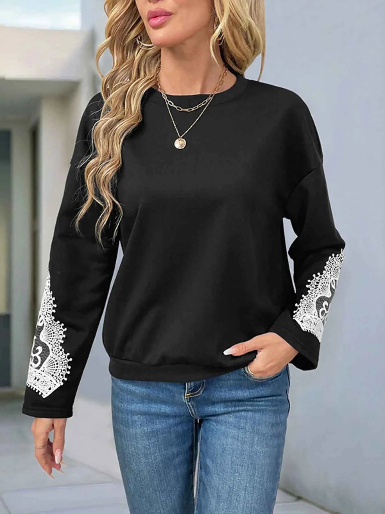 Lace Detail Long Sleeve Stretch Sweatshirt.