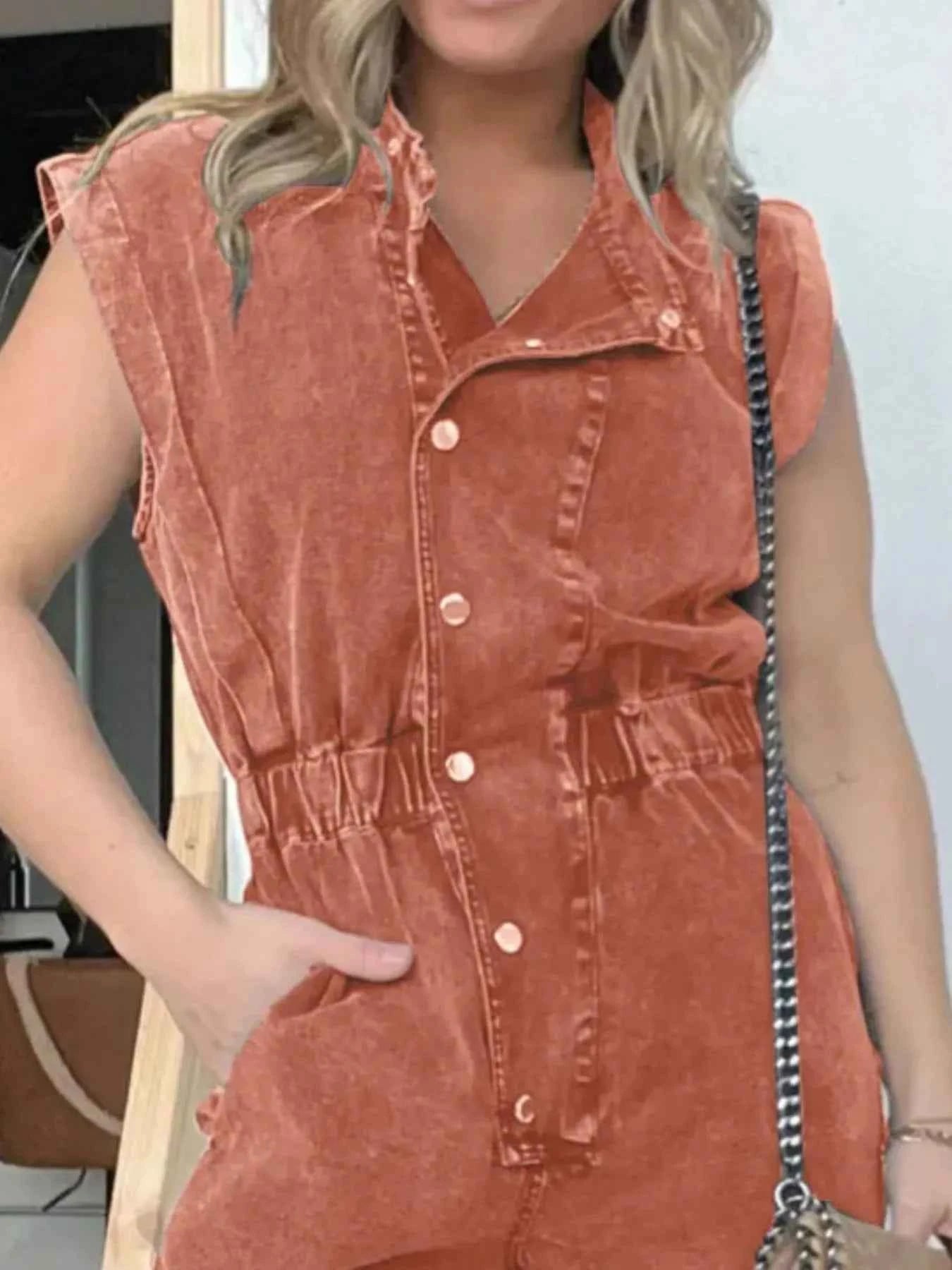 Plus Size Button Front Cap Sleeve Denim Jumpsuit.