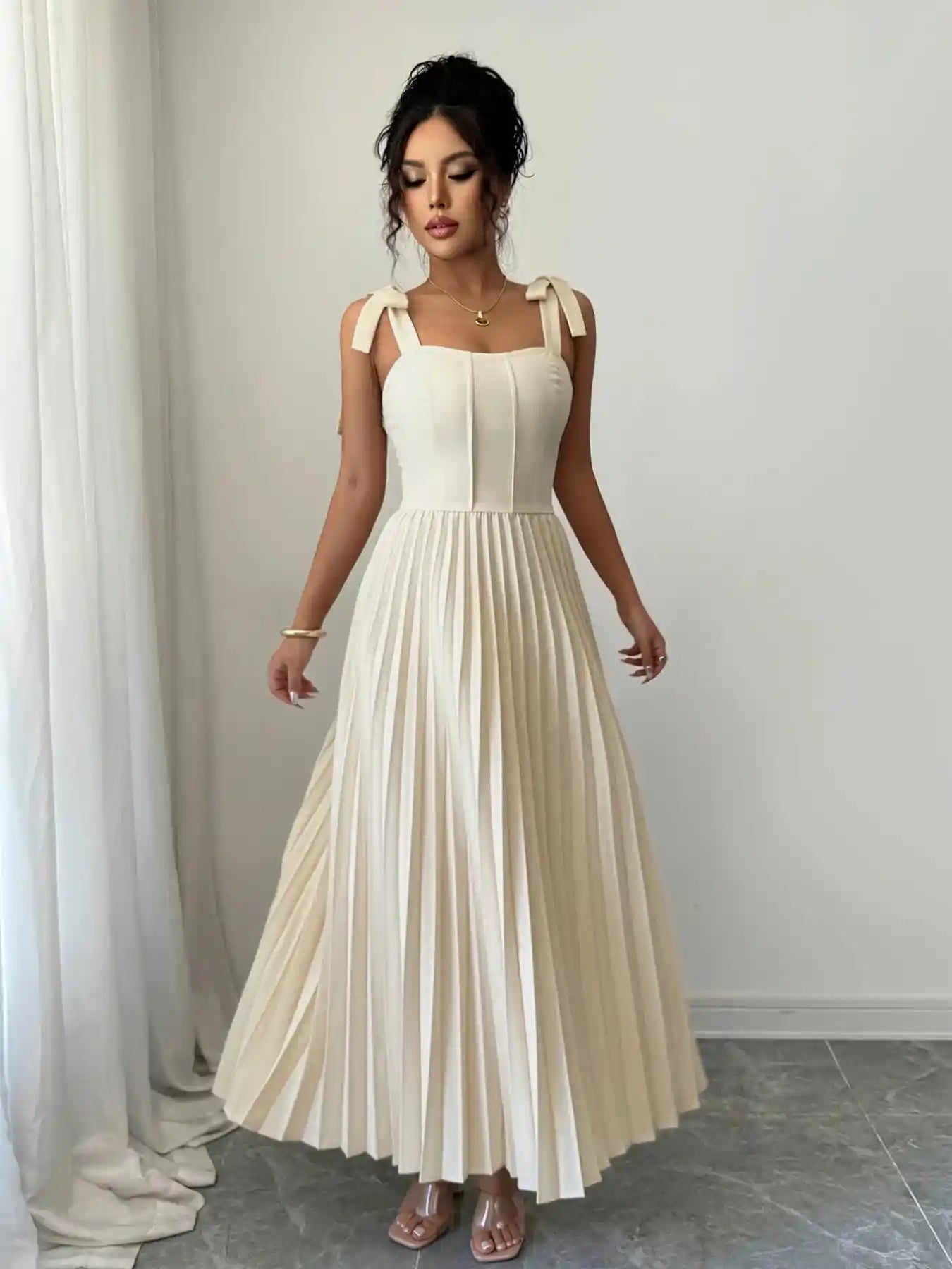 Pleated Tie-Shoulder Maxi Dress.