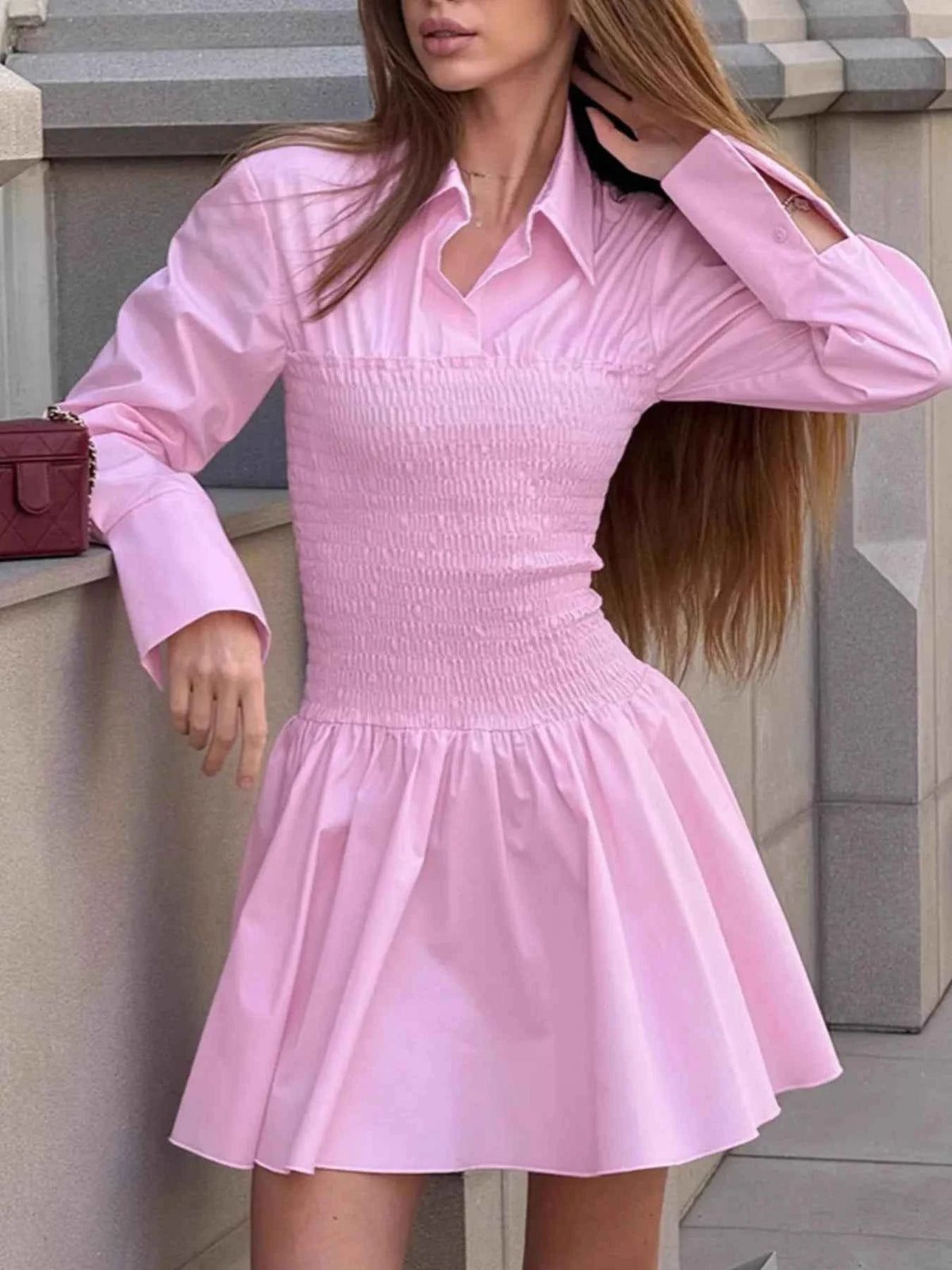 Smocked Long Sleeve Shirt Dress.