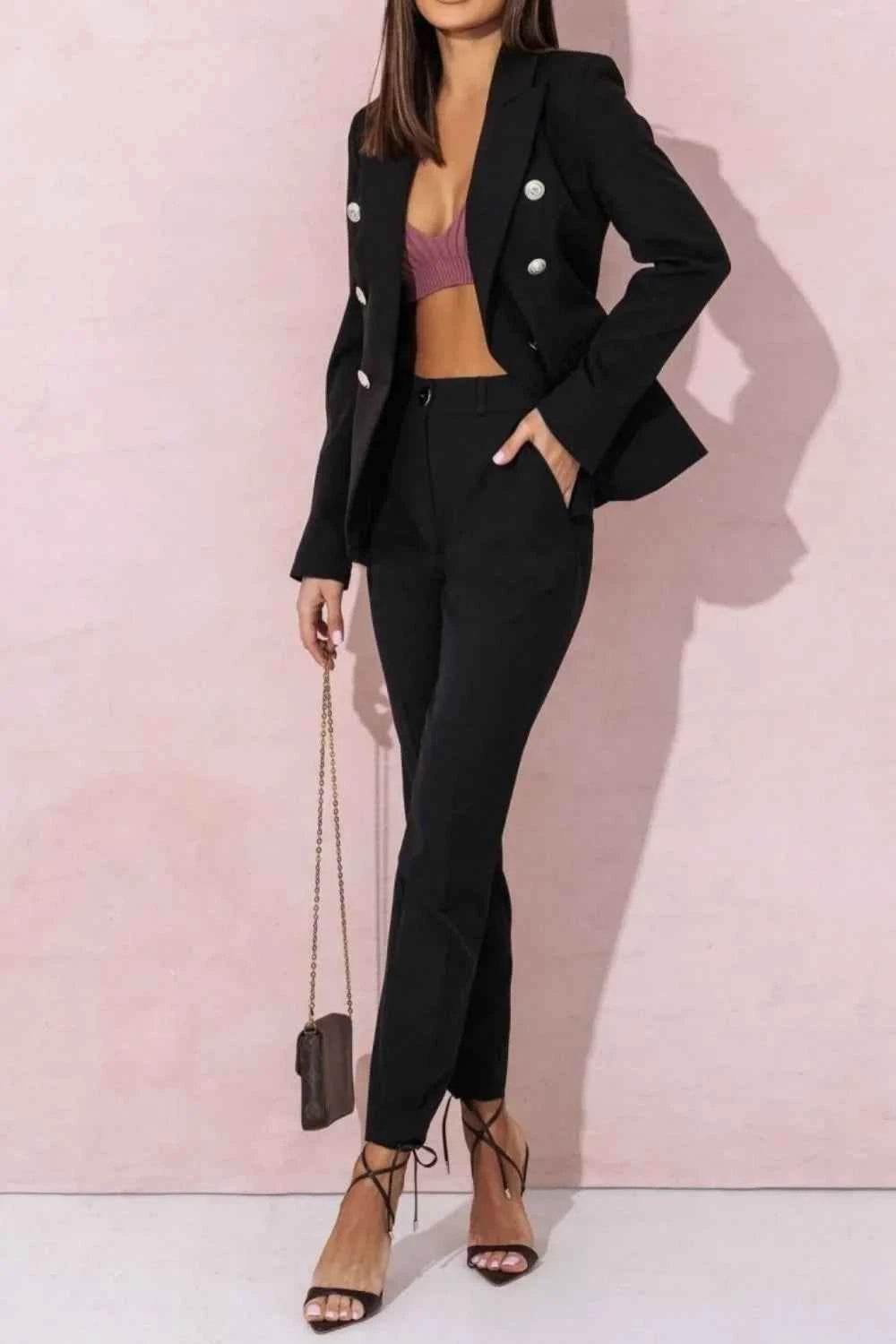 Plus Size Full Size Lapel Collar Blazer and Pants Set - EBYNN