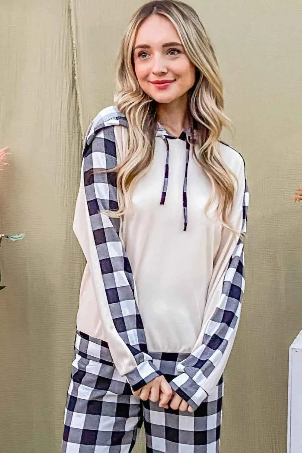 And The Why Drawstring Hooded Top & Plaid Pants Lounge Set.