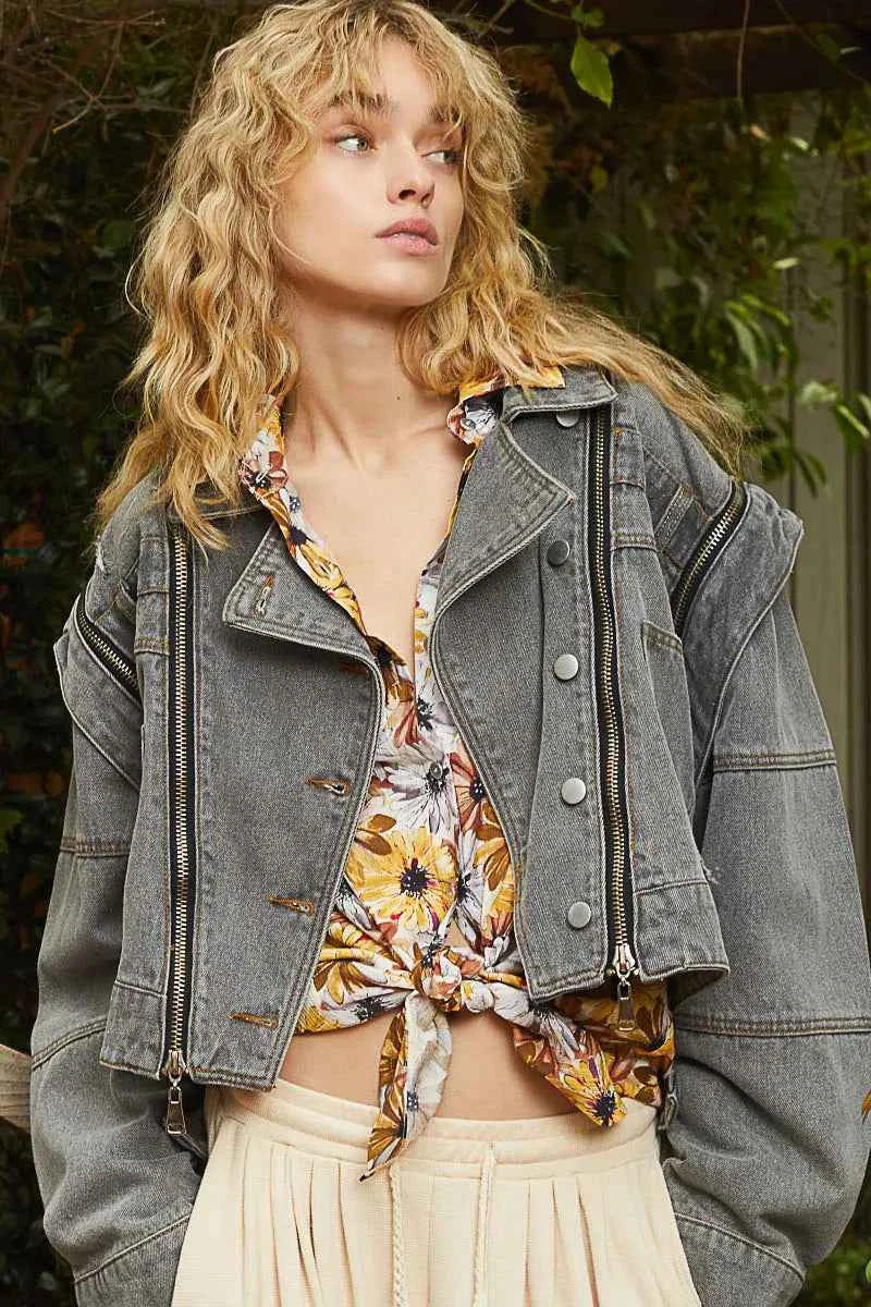 Cropped Denim Jacket with Functional Zipper Detail.