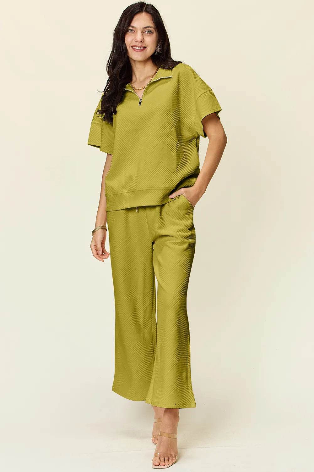 Double Take Texture Set: Full Size Half Zip Top & Pants Set - EBYNN