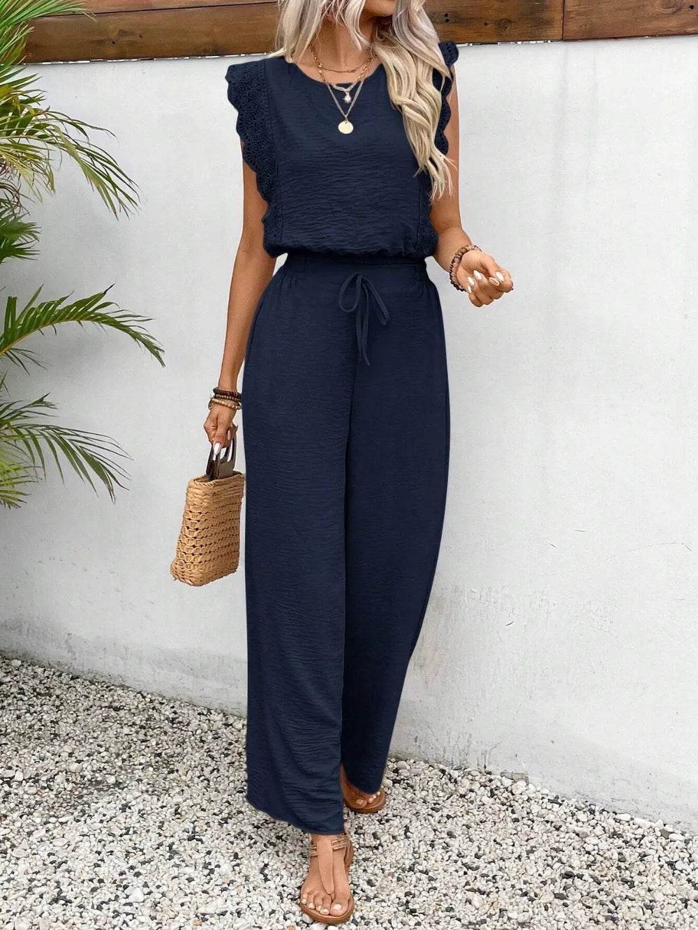 Lace Trim Round Neck Top and Pants Set - EBYNN