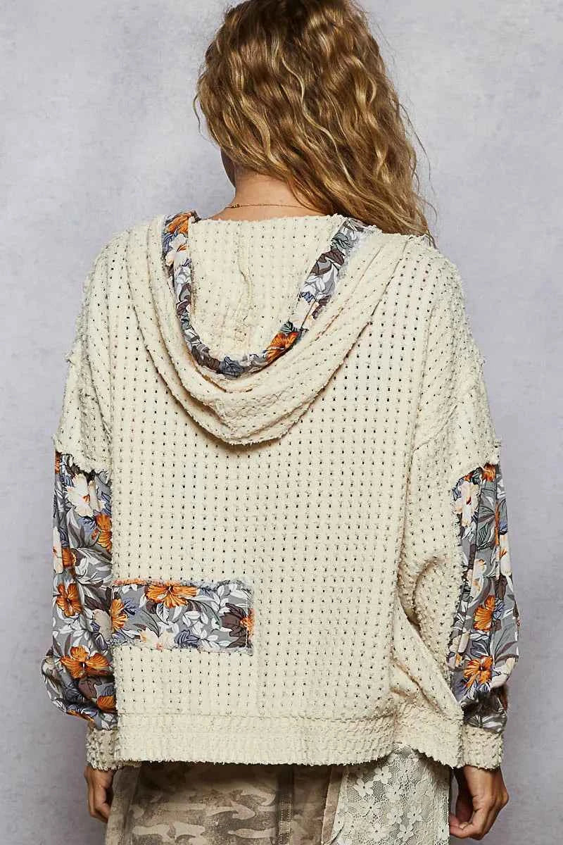 Floral and Lace Patch Washed Zip-Up Hoodie.