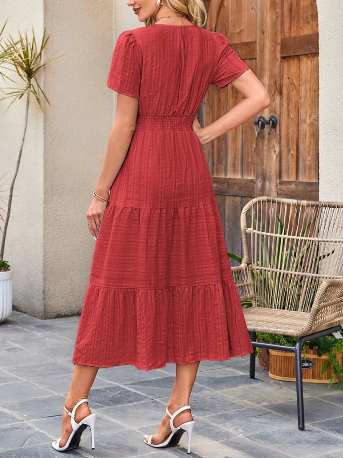 Tiered Notched Short Sleeve Dress.