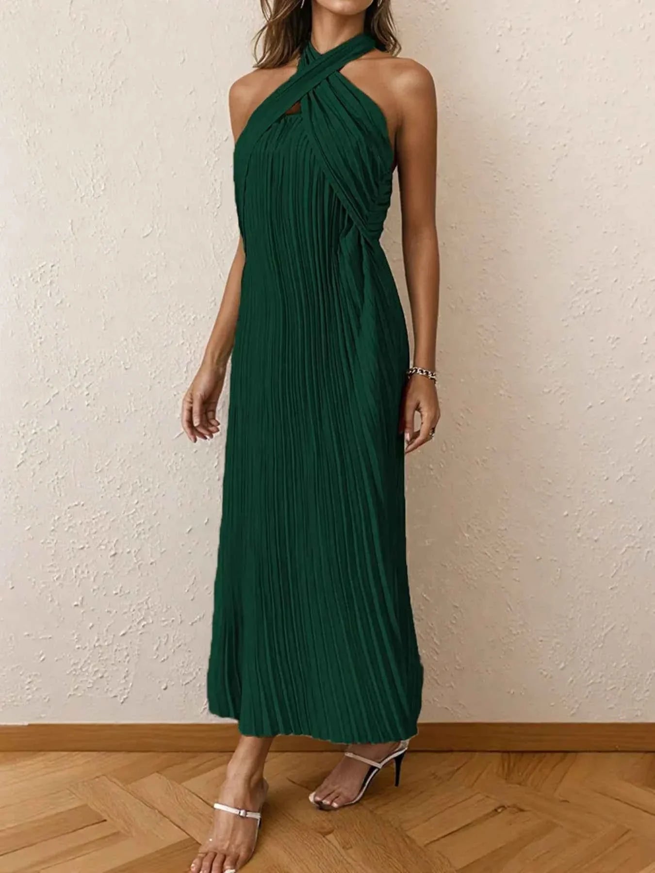Pleated Halter Neck Midi Dress.