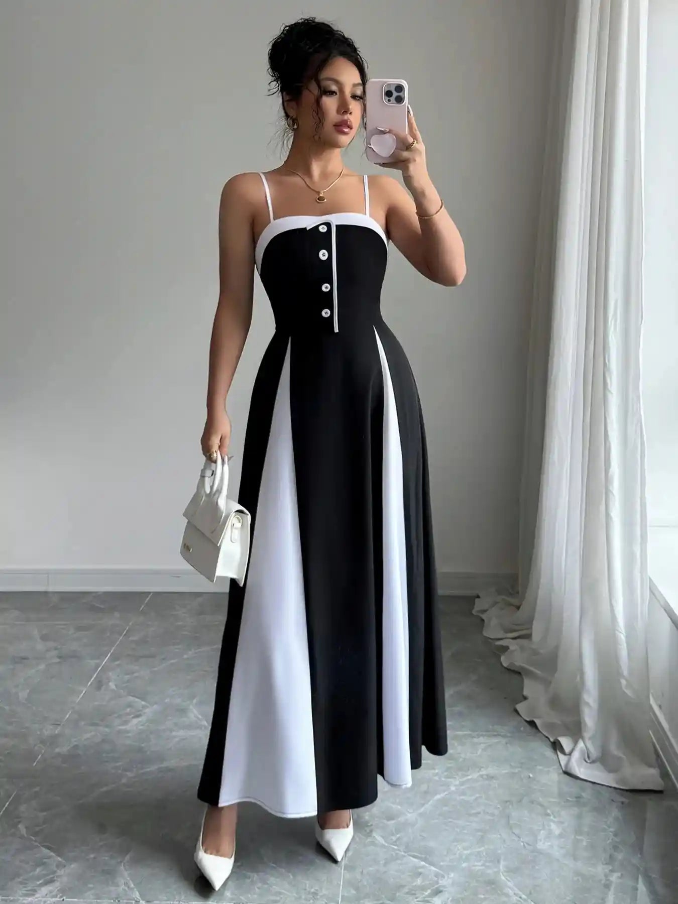 Decorative Button Contrast Maxi Cami Dress.