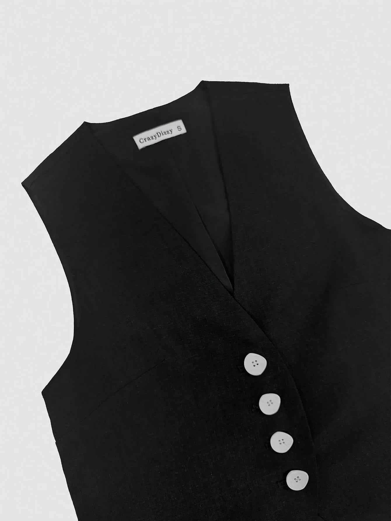 V-Neck Button Detail Vest and Skirt Two-Piece Set - EBYNN