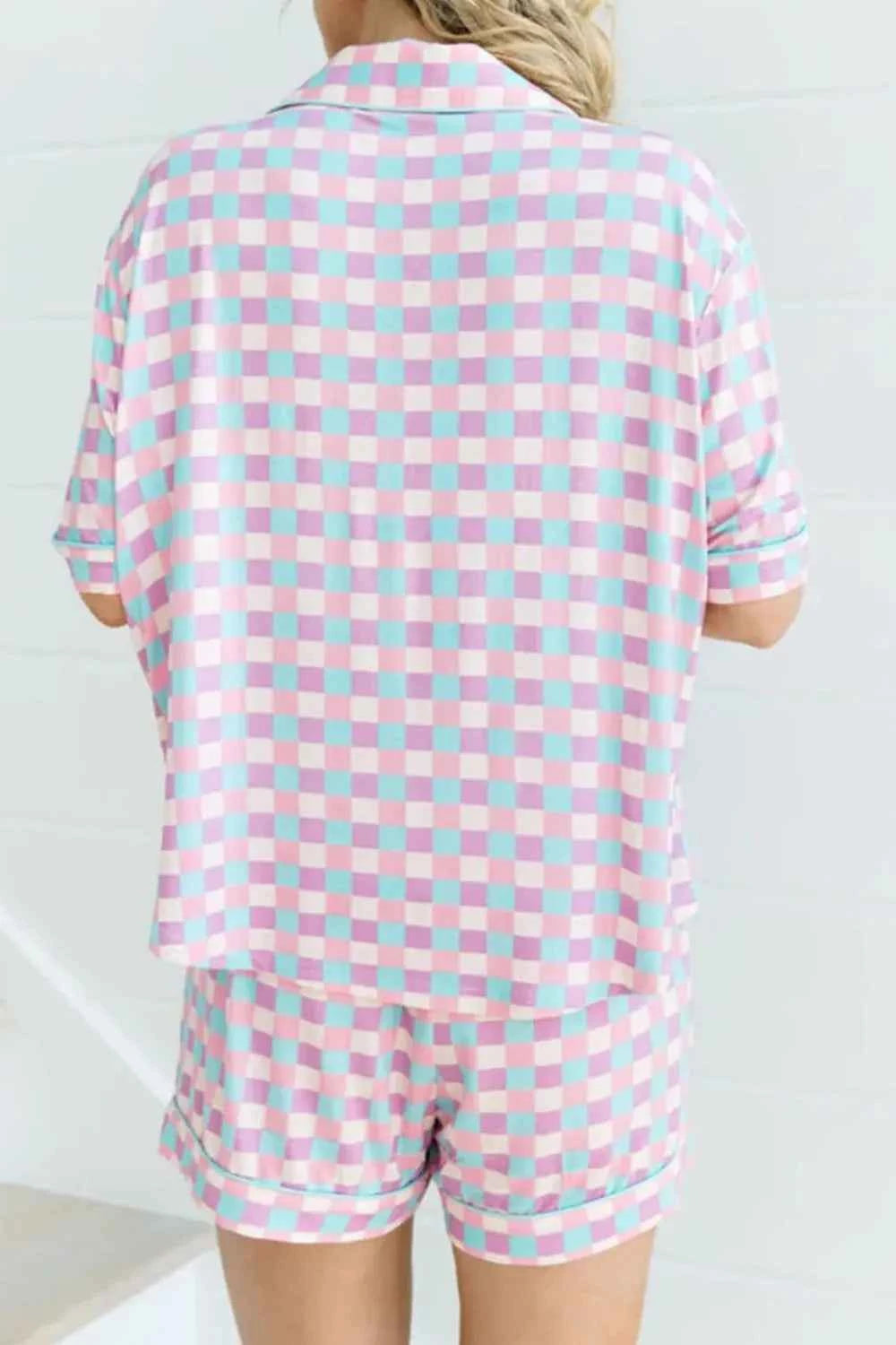 Plaid Collared Neck Short Sleeve Top and Shorts Lounge Set.