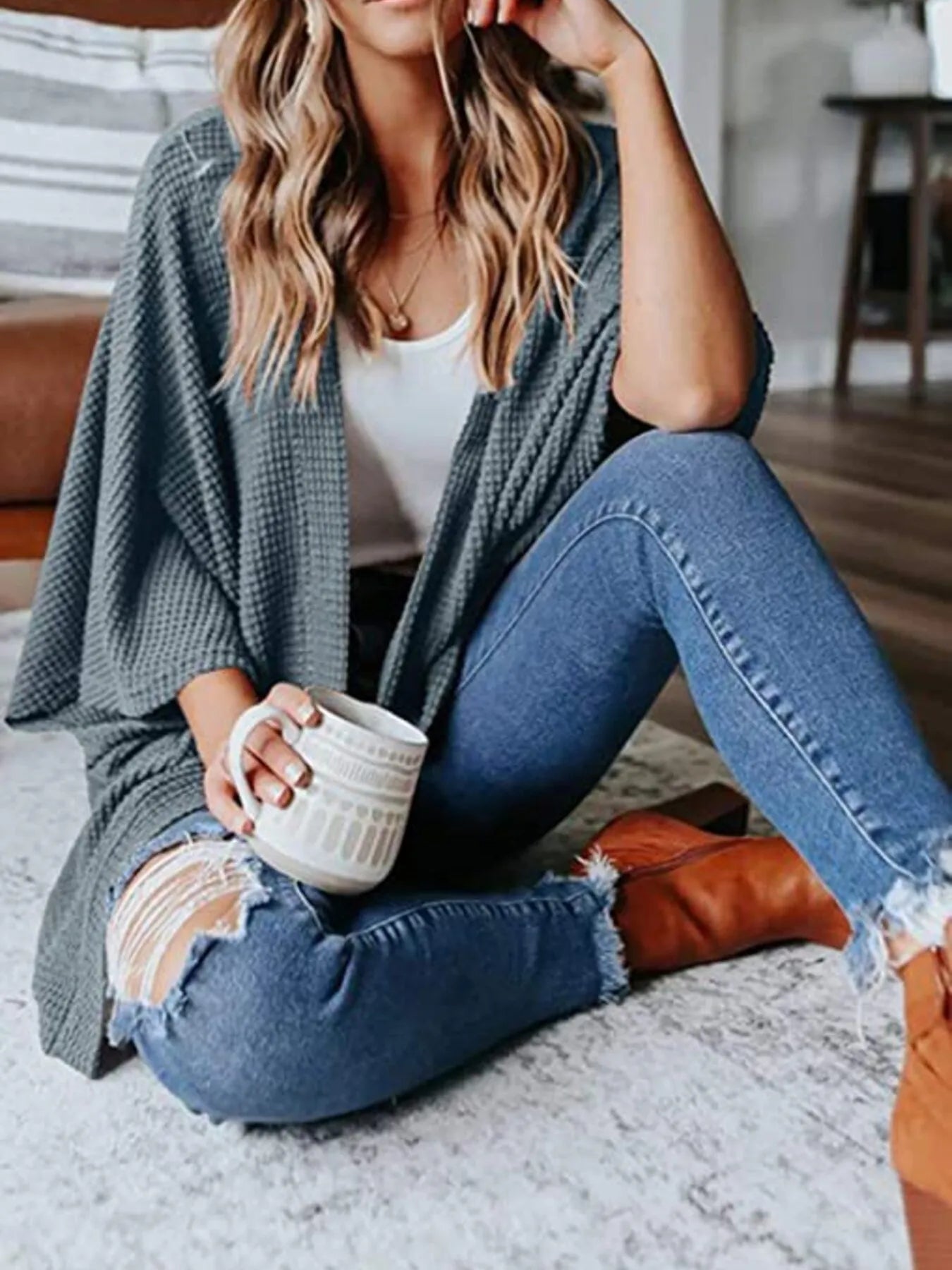 Plus Size Open Front Waffle Knit Cardigan.