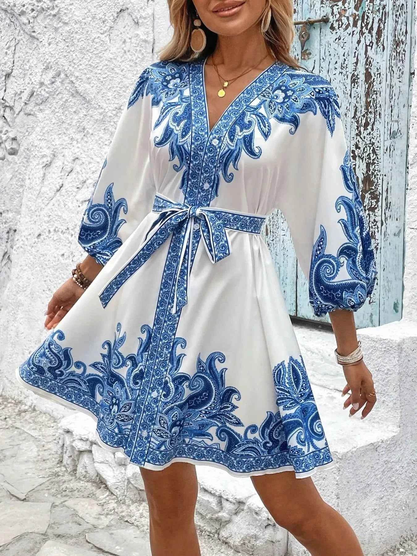Printed V-Neck Balloon Sleeve Mini Dress.