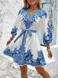 Printed V-Neck Balloon Sleeve Mini Dress.