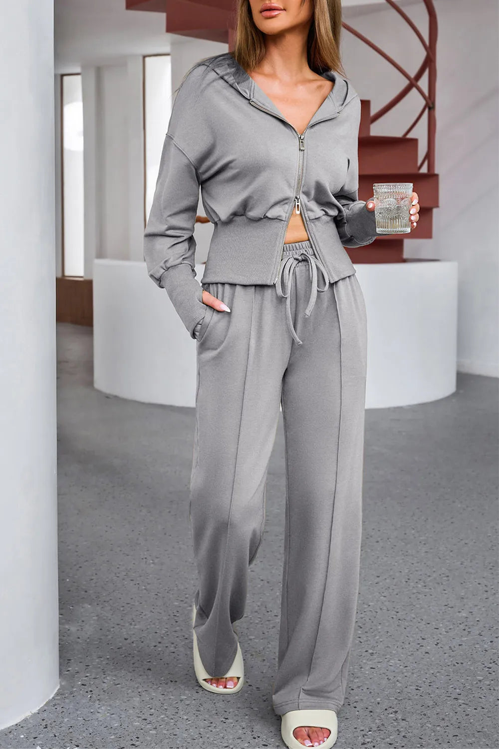 Dropped Shoulder Hoodie and Drawstring Pants Active Set.