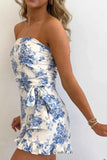 Printed Strapless Ruffle Hem Wrap Romper.