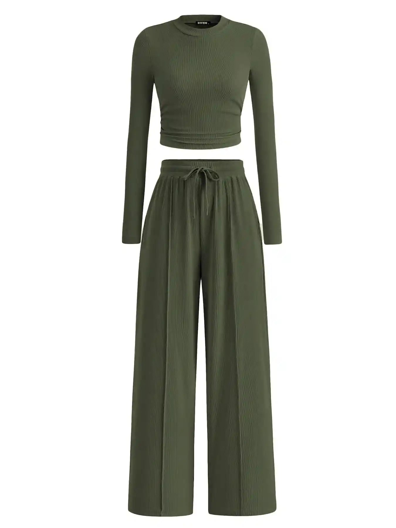 Round Neck Long Sleeve Top and Pants Set.