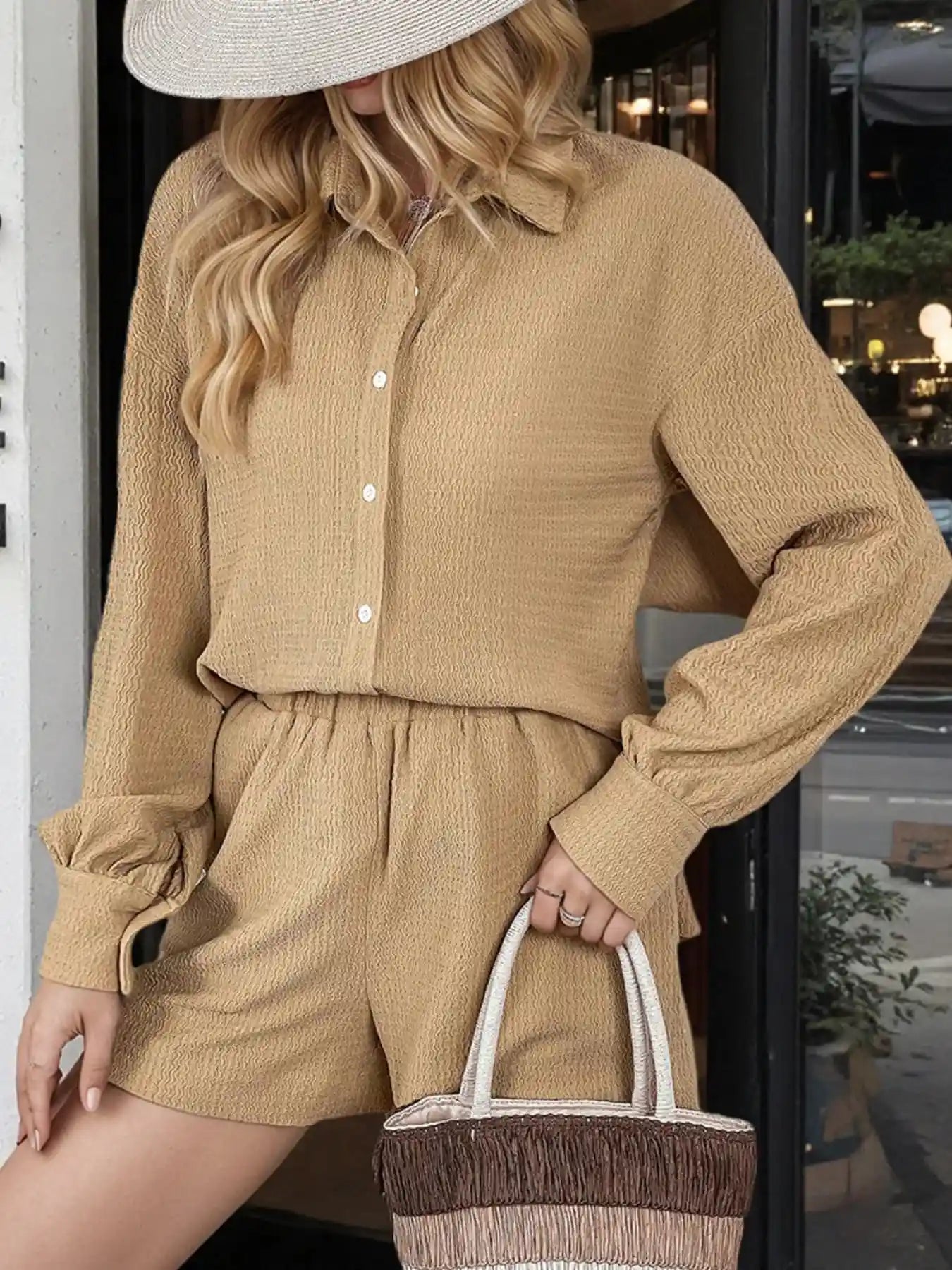 Button Up Long Sleeve Shirt and Shorts Set.