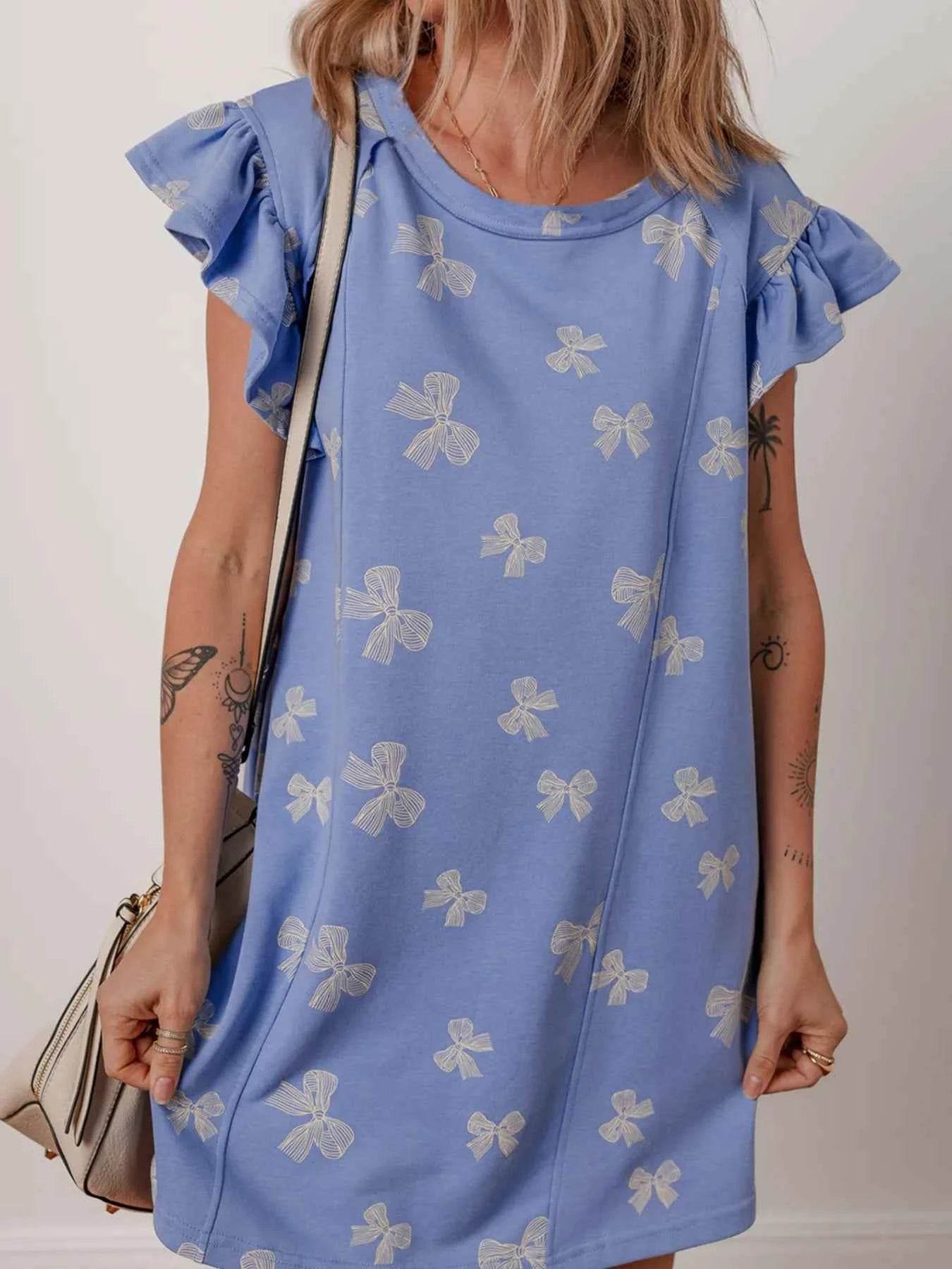 Bow Knot Print Ruffled Sleeve Crewneck Mini Dress.