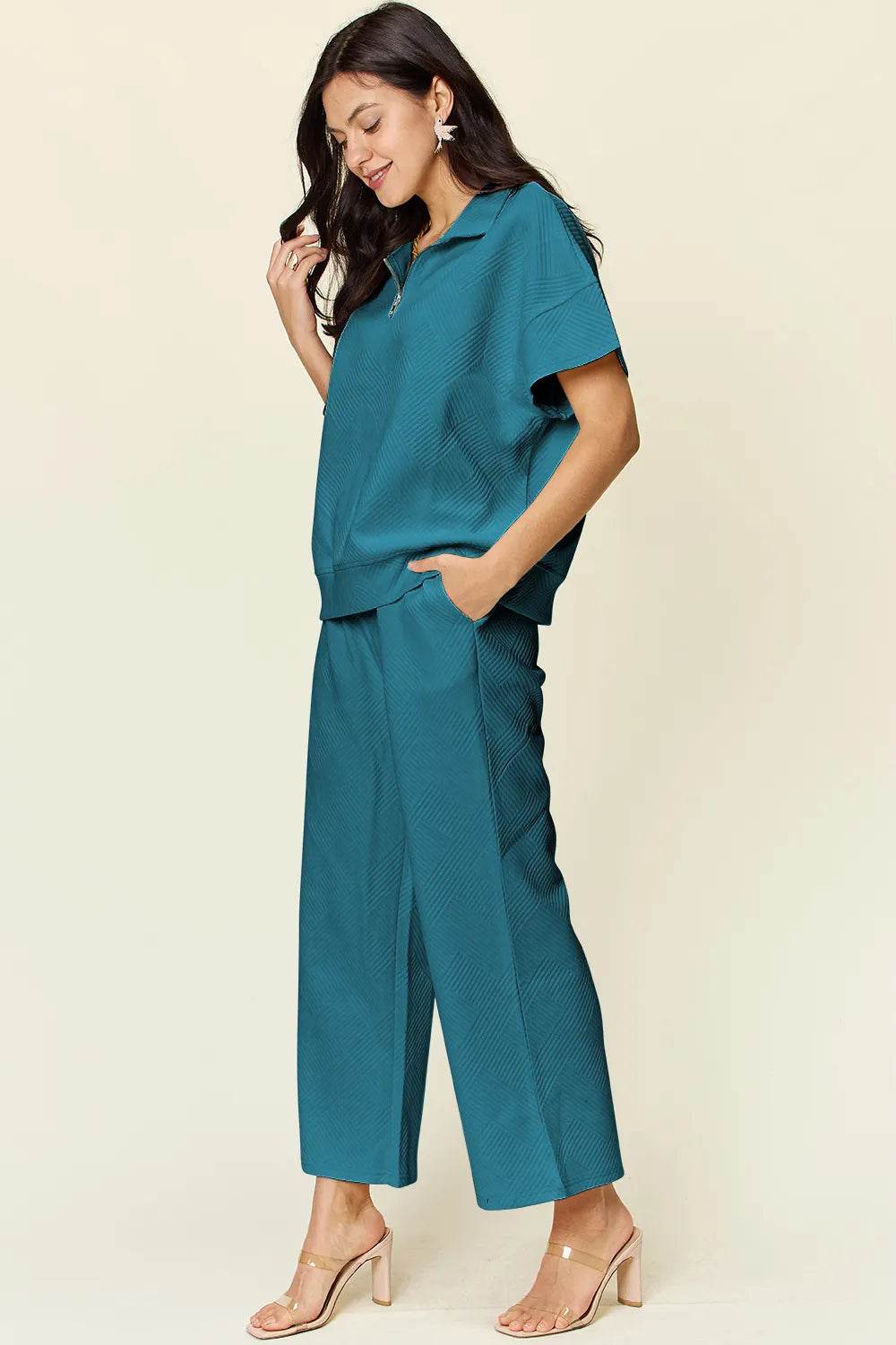 Double Take Texture Half Zip Set with Full Size Top and Pants - EBYNN