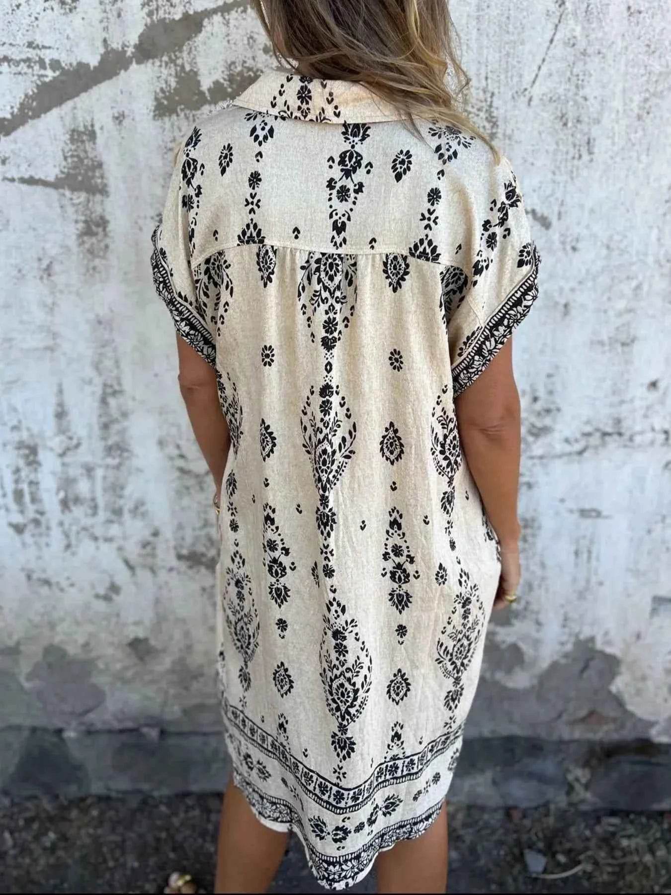 Plus Size Printed Short Sleeve Button-Up Shirt Dress.