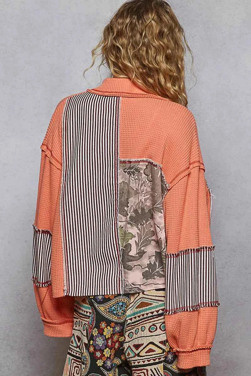Coral Patchwork Multi-Pattern Button Down Jacket.