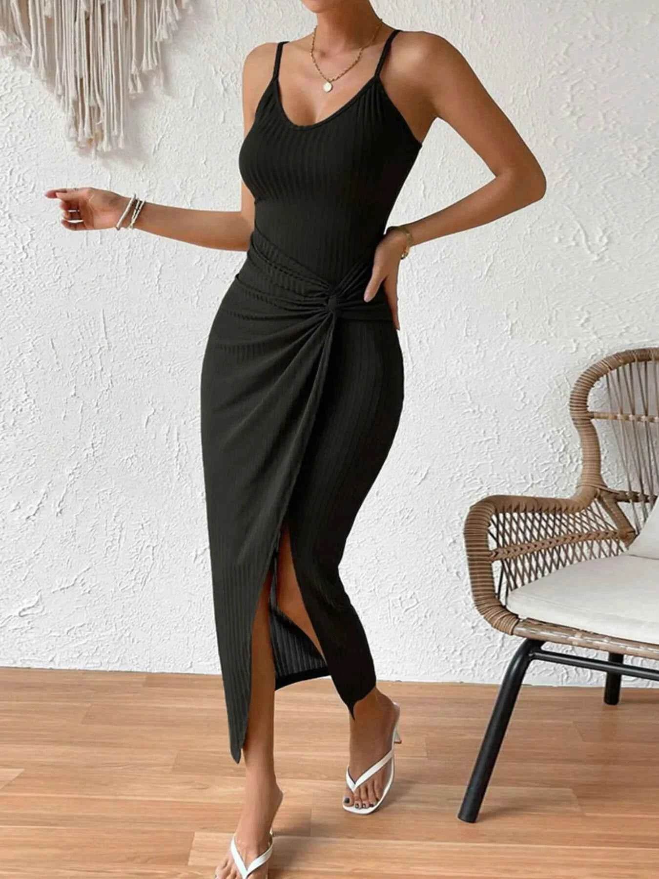 Ribbed Wrap Midi Dress with Side Slit.