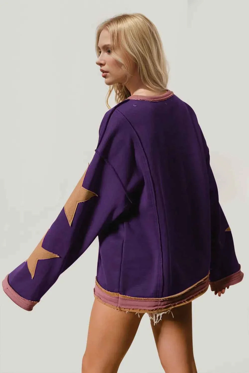 Double Take Star Patched Long Sleeve Sweatshirt.