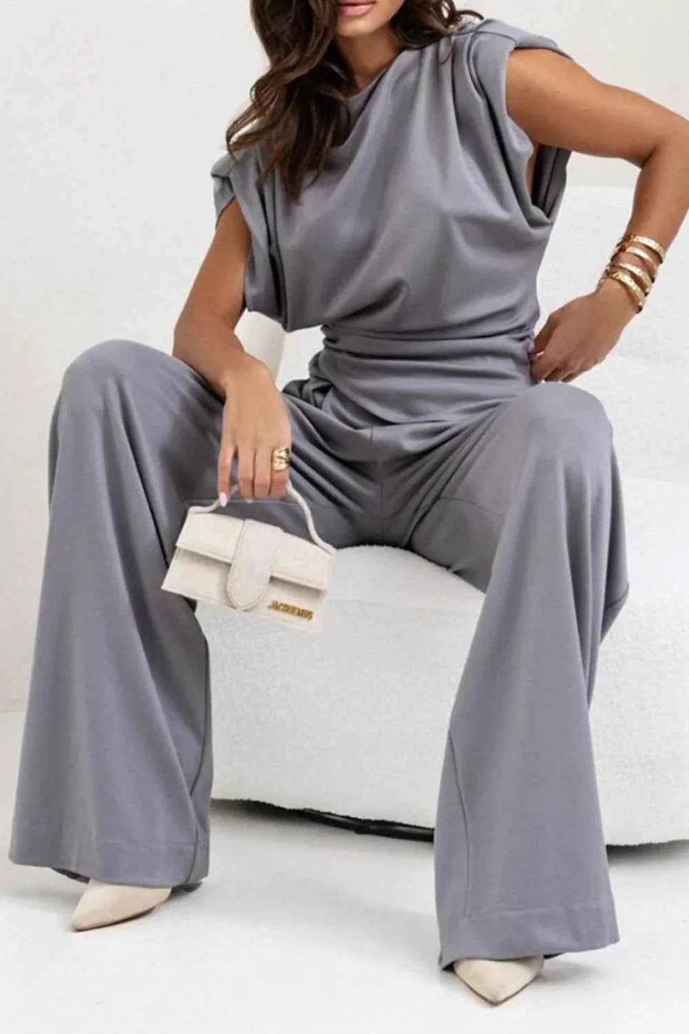 Stylish Round Neck Top and Pants Set - EBYNN
