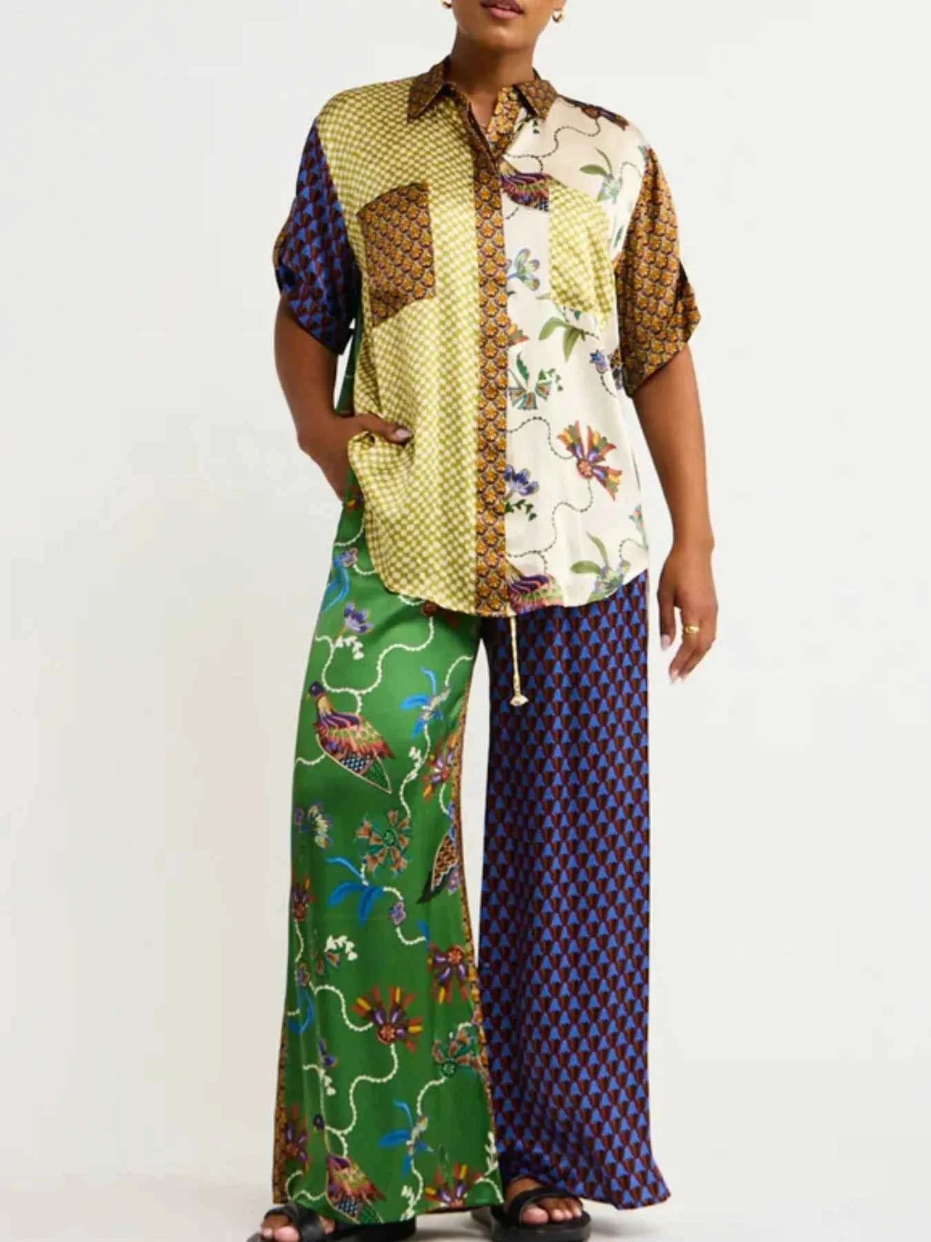 Printed Button Down Shirt and Pants Set.