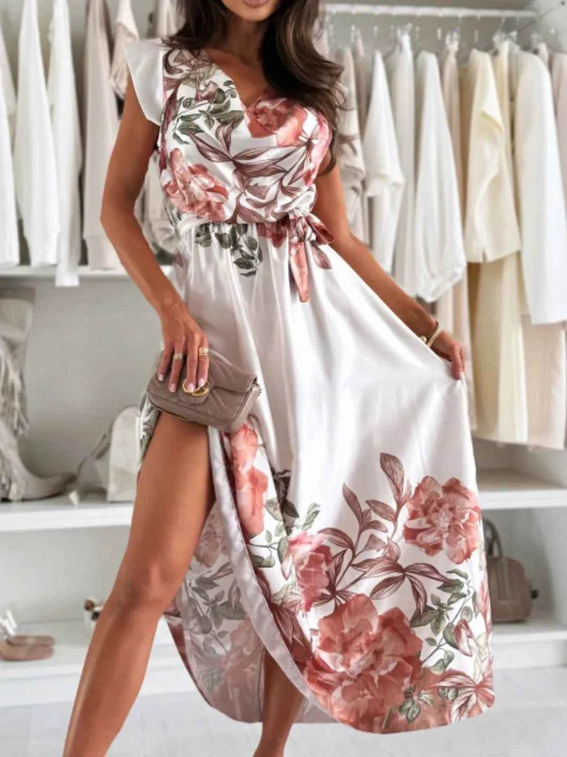 Floral Tie Waist Cap Sleeve Dress.
