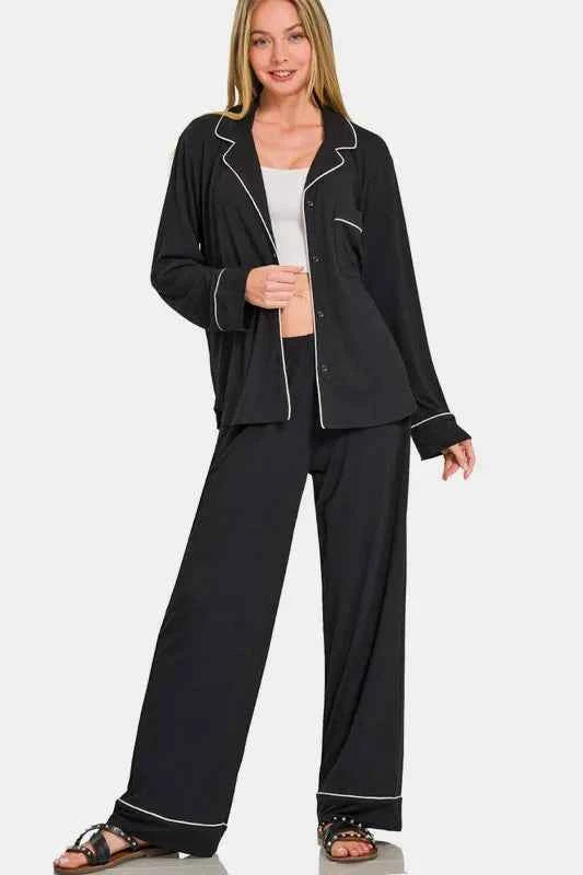 Zenana Cozy Button Down Long Sleeve Top and Pants Set.