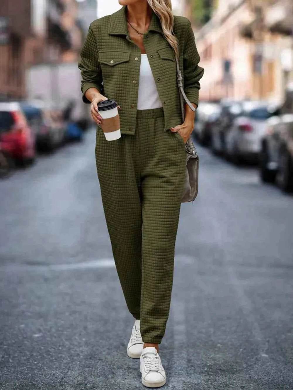 Plaid Texture Snap Down Top and Pants Set.