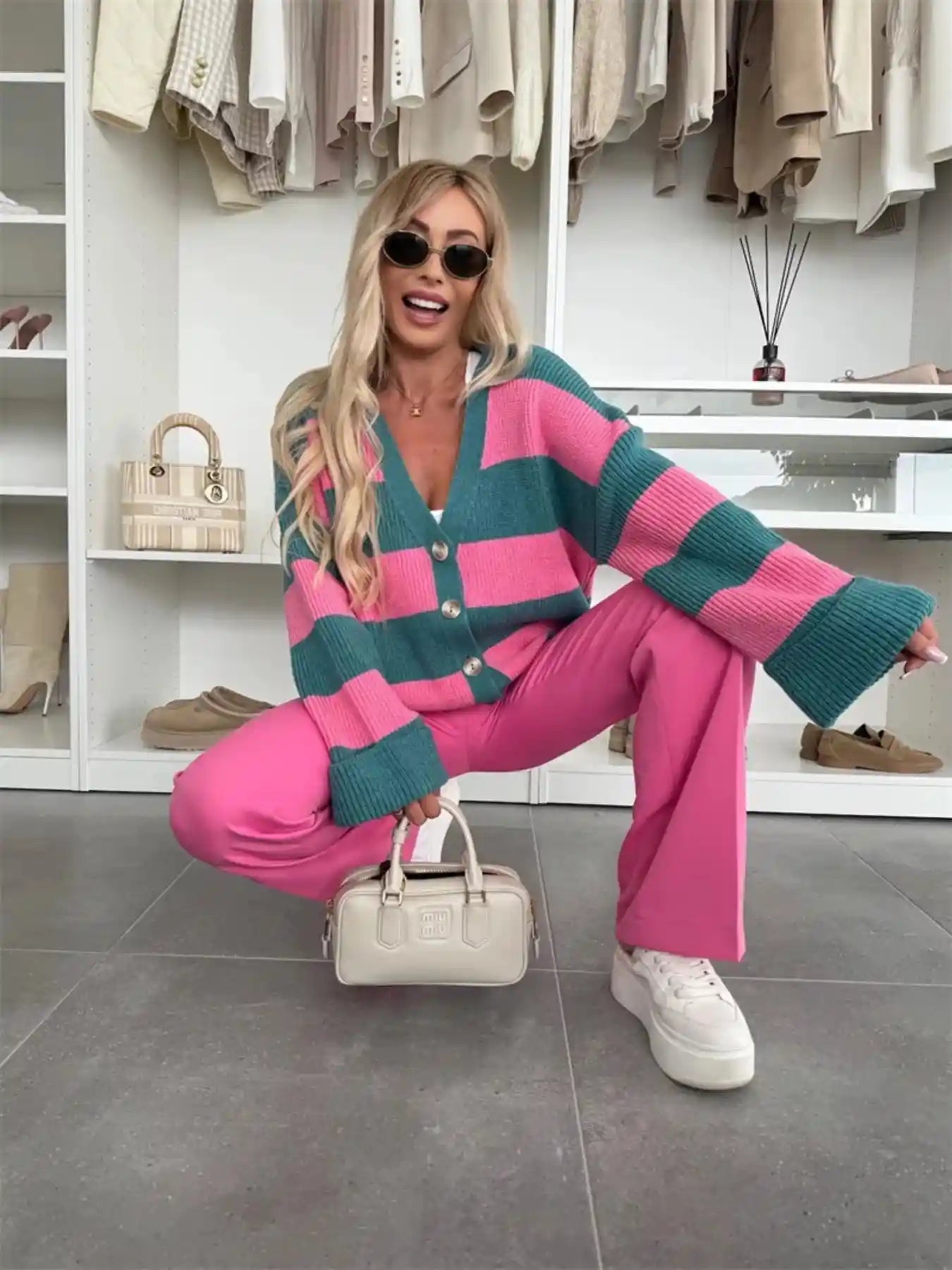 Color Block Striped V-Neck Button Front Cardigan.