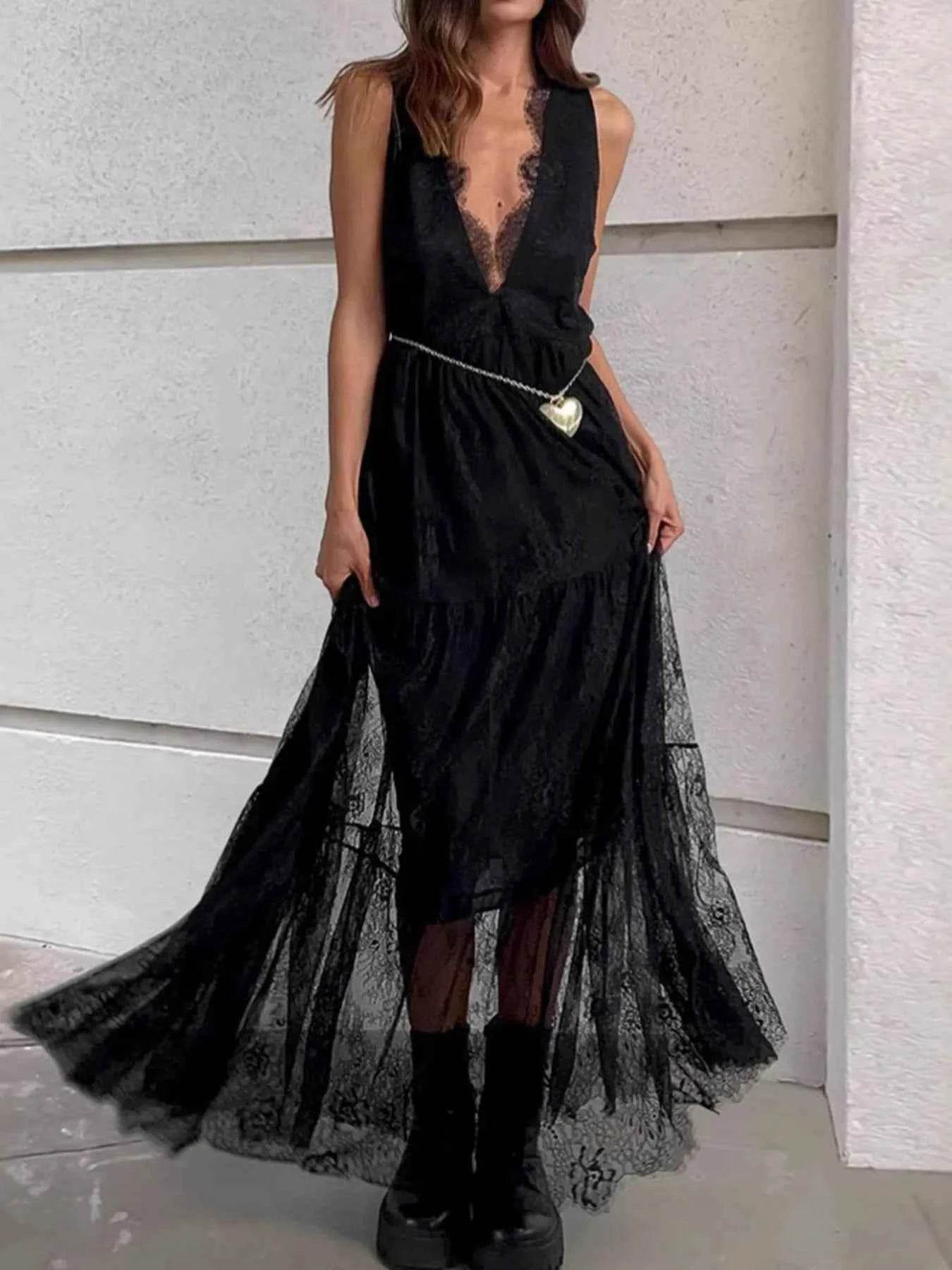 Lace Deep V-Neck Maxi Dress.