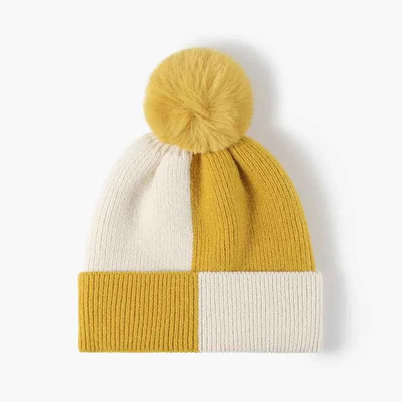 Color Block Knit Hat with Pom-pom.