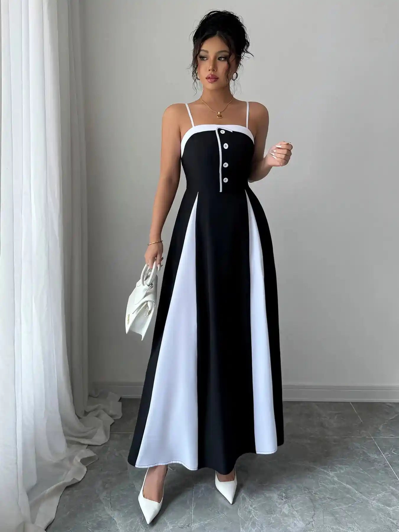 Decorative Button Contrast Maxi Cami Dress.