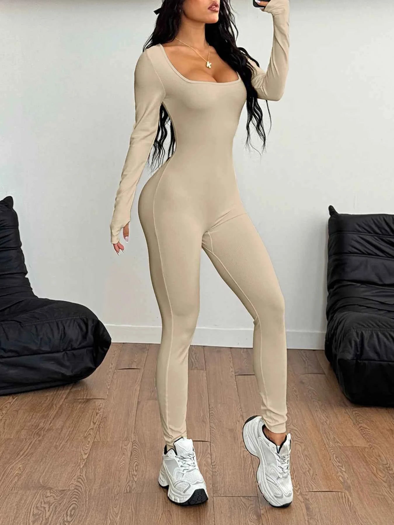 Square Neck Long Sleeve Active Jumpsuit.