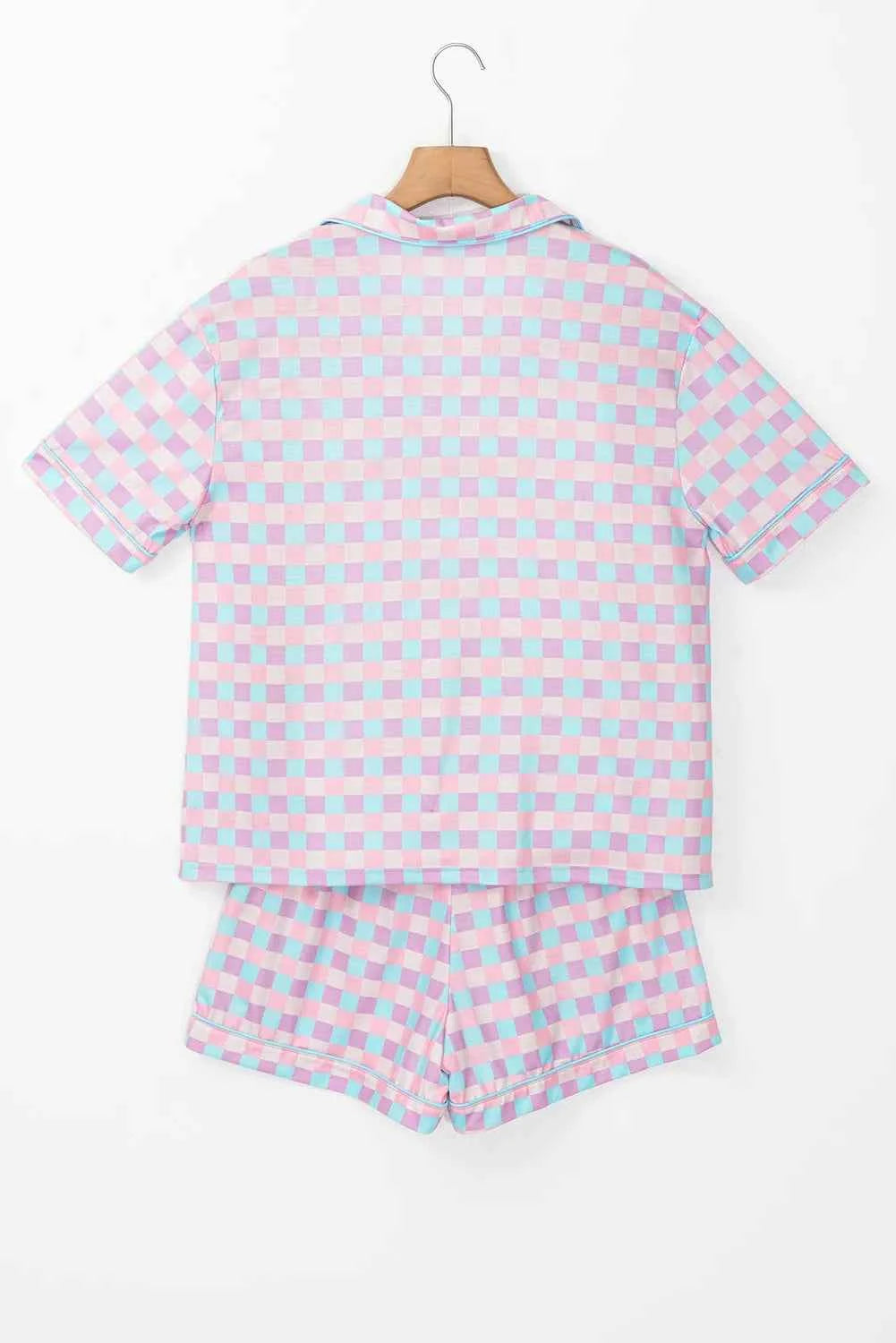 Plaid Collared Neck Short Sleeve Top and Shorts Lounge Set.