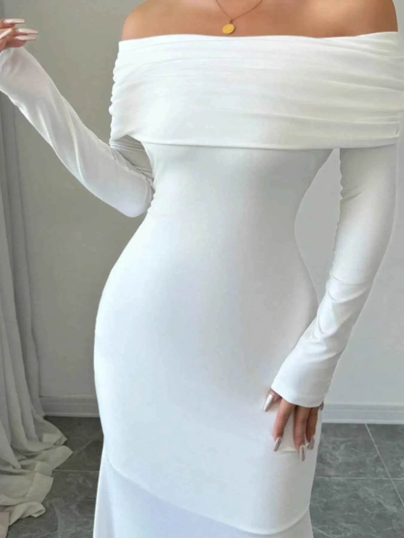 Off-Shoulder Long Sleeve Bodycon Maxi Dress.