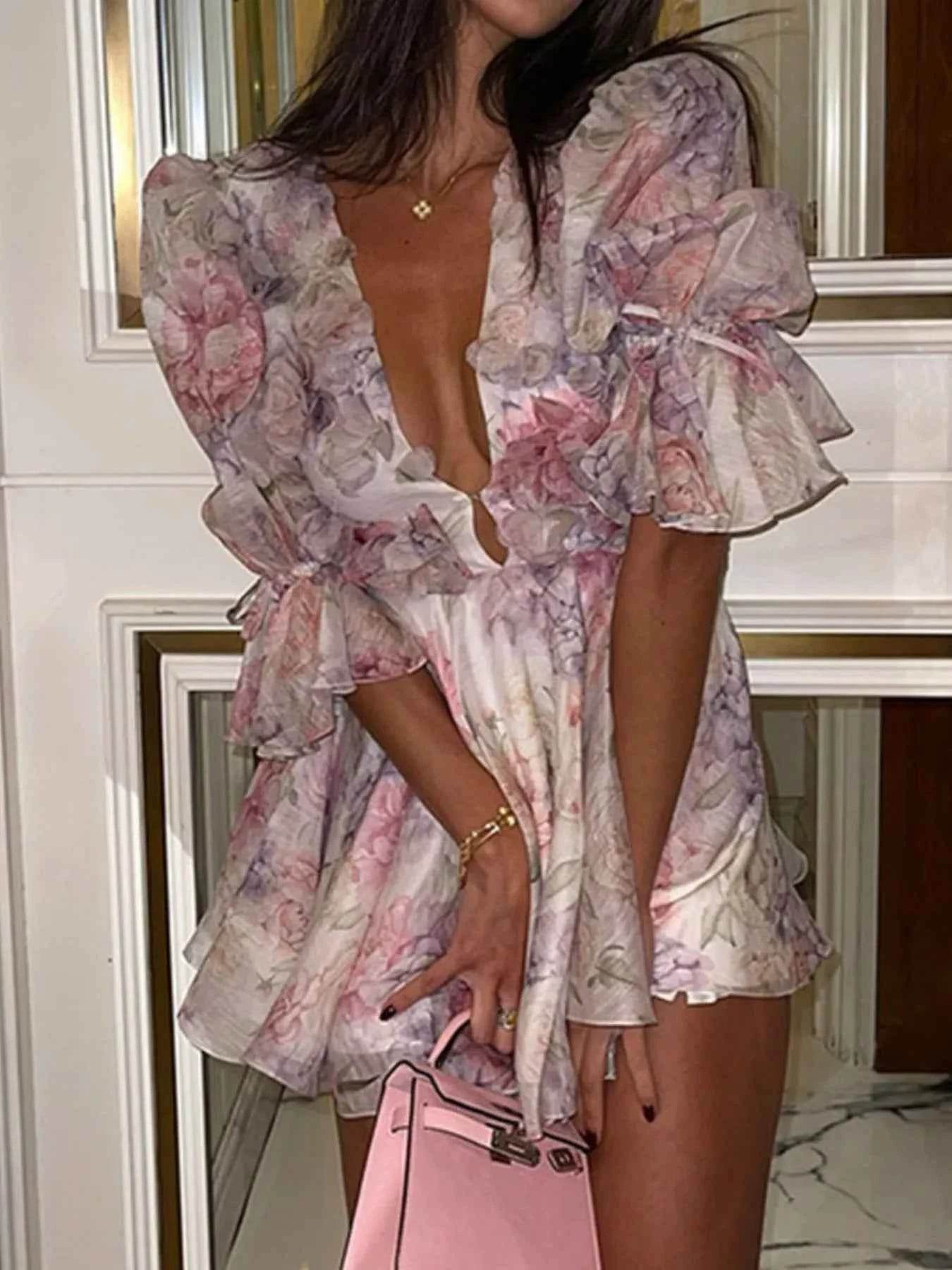 Floral Print Ruffled Mini Dress with Deep V-Neck.