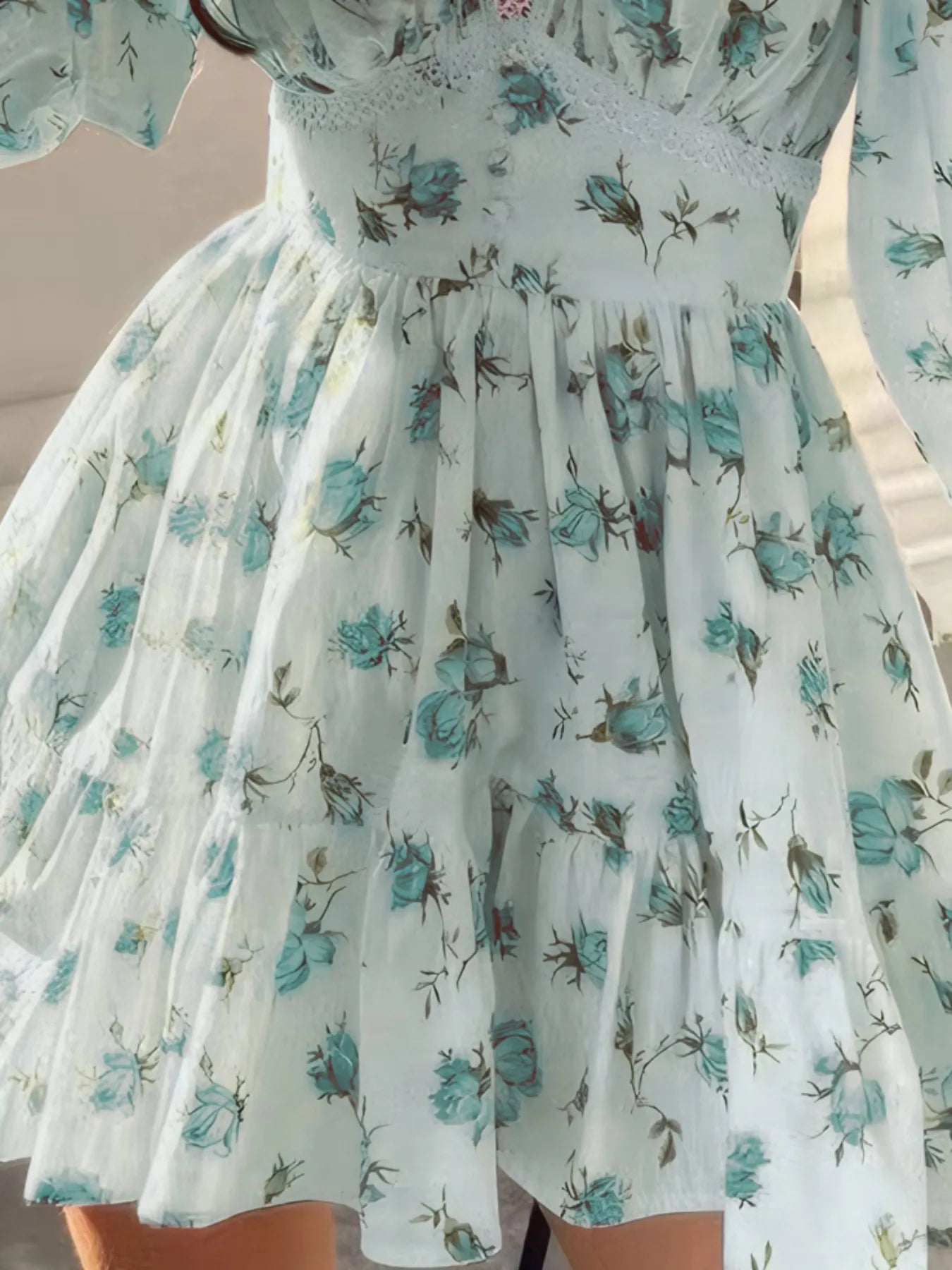 Floral Print Lace Detail V-Neck Mini Dress Plus Size.