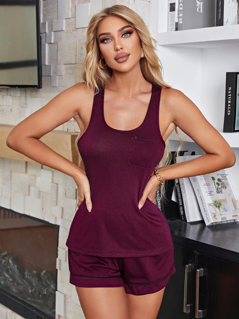Scoop Neck Wide Strap Tank and Shorts Lounge Set.