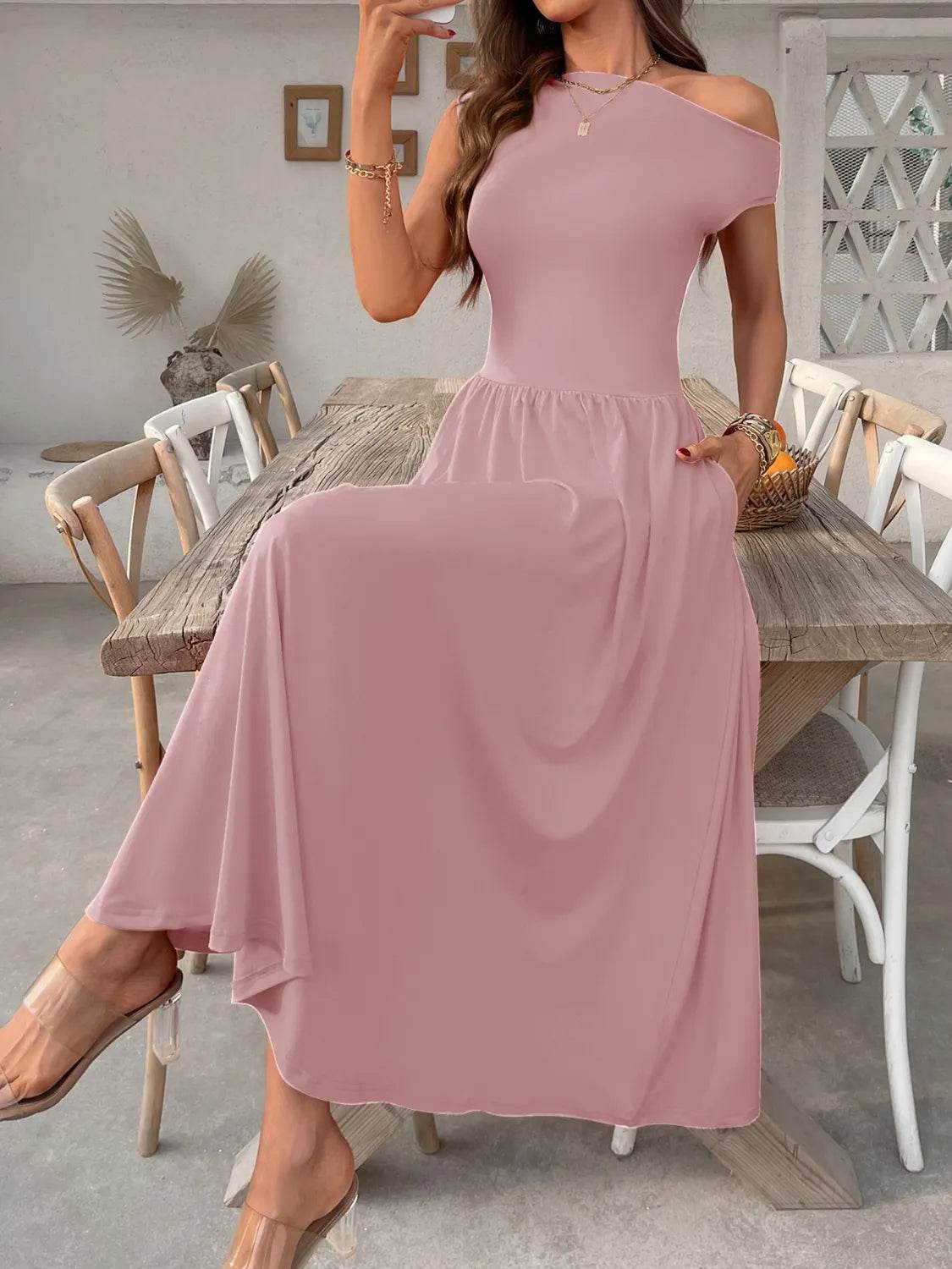 Single Shoulder Dress with Pockets.