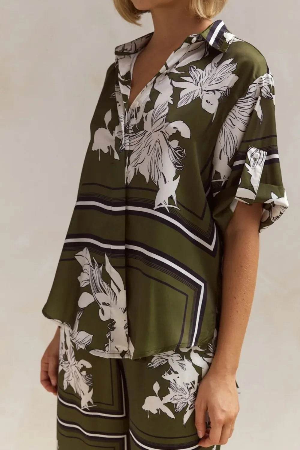 Printed Button Up Shirt and Pants Set - EBYNN