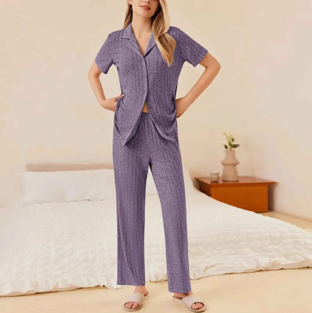 Button Down Long Sleeve Top and Pants Lounge Set.
