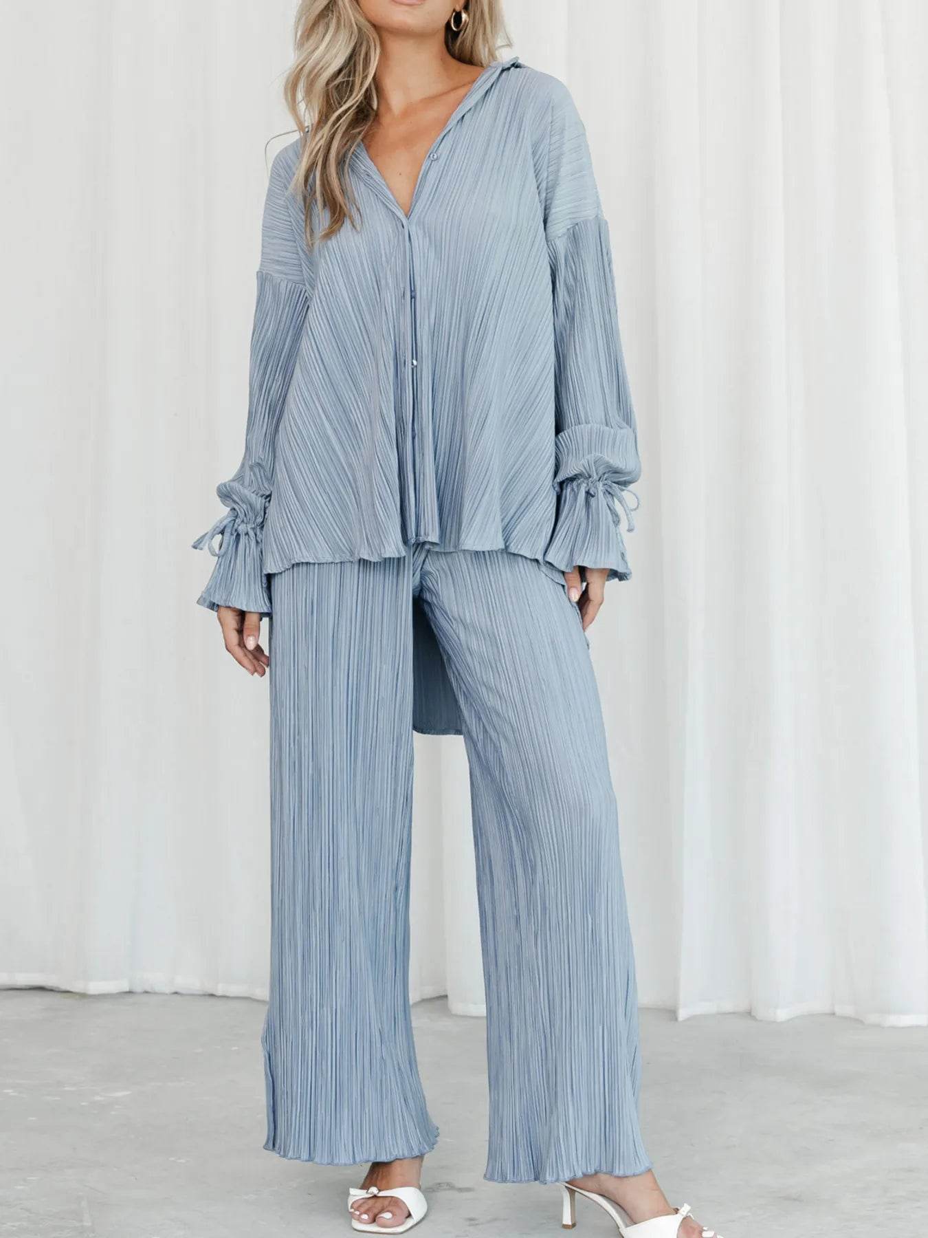 Button Up Long Sleeve Set with Pants - Stylish and Comfortable Outfit - EBYNN