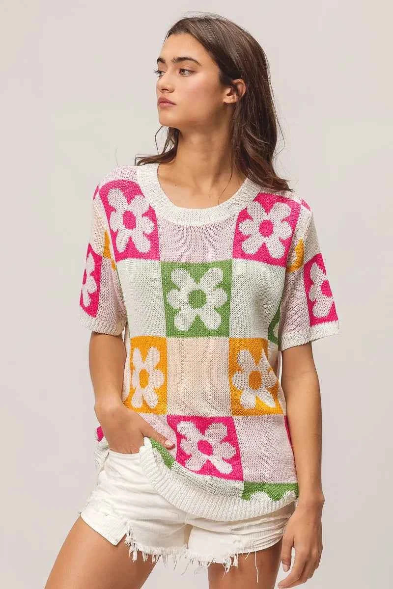 BiBi Floral Checker Pattern Lightweight Pullover Sweater.
