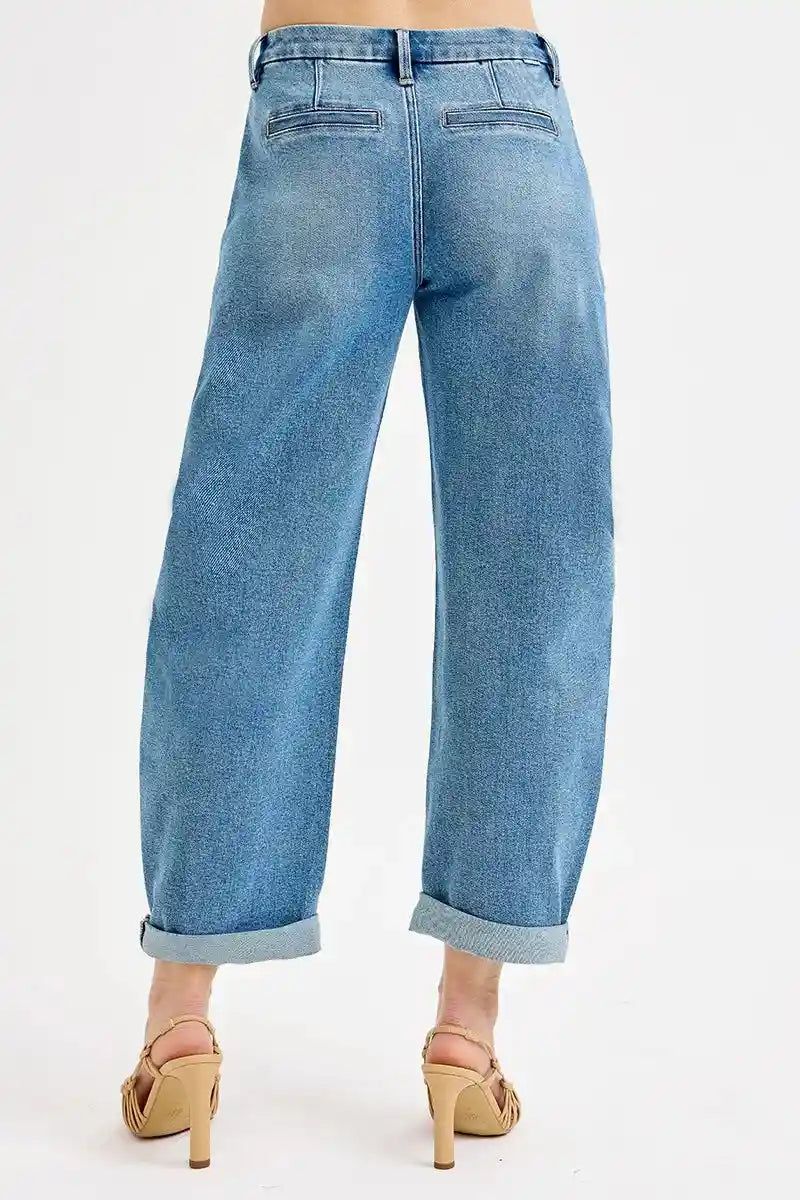 RISEN Full Size Mid Rise Fit Barrel Roll Up Jeans Plus Size.